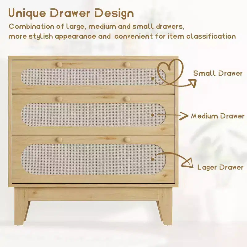Cassettiera in Rattan Naturale, Comò a 3 Cassetti, Comodino in Rattan, Piccolo Mobile Boho, Maniglie e Gambe in Legno, Tavolino da Comodino