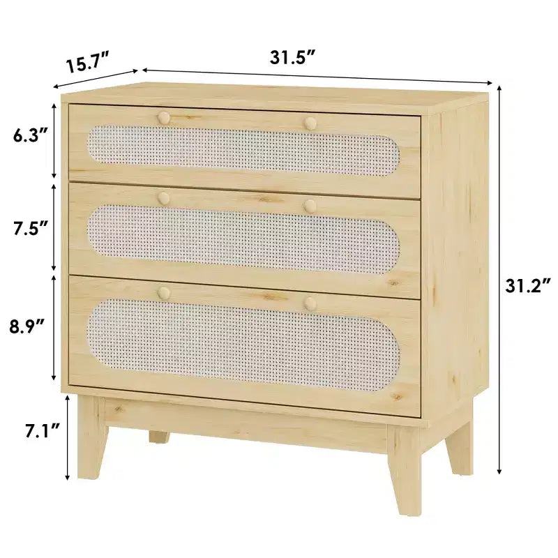 Cassettiera in Rattan Naturale, Comò a 3 Cassetti, Comodino in Rattan, Piccolo Mobile Boho, Maniglie e Gambe in Legno, Tavolino da Comodino