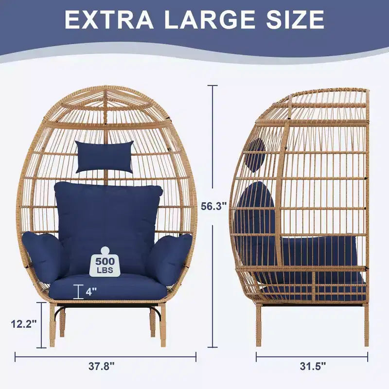 Poltrona a uovo in vimini oversize, poltrona lounge senza braccioli con schienale alto per 1 persona, da interno ed esterno