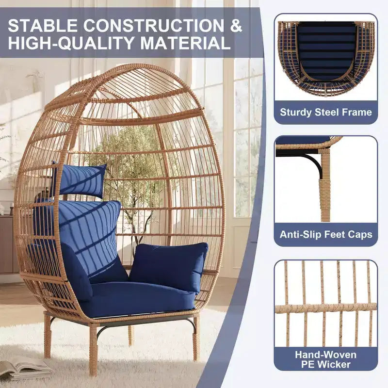 Poltrona a uovo in vimini oversize, poltrona lounge senza braccioli con schienale alto per 1 persona, da interno ed esterno