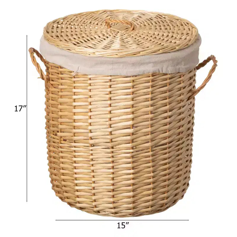 Cesto Portabiancheria Rotondo in Vimini con Coperchio, Manici e Fodera in Tessuto – Naturale, 1 Persona