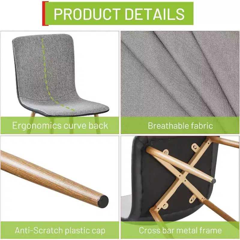 Set di 4 sedie da pranzo, in tessuto grigio/nero e PU con schienale medio e gambe in metallo effetto rovere