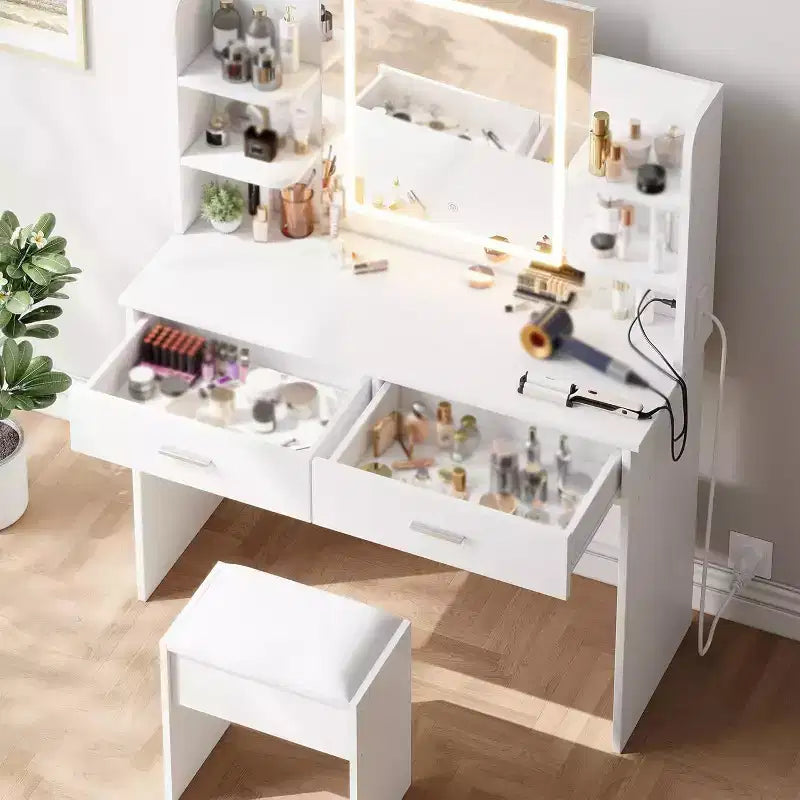 Toeletta con specchio illuminato, sgabello e presa di corrente, 6 ripiani, 2 cassetti, vanità trucco a LED, bianca