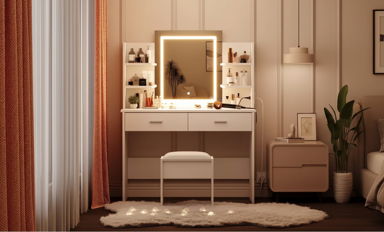 Toeletta con specchio illuminato, sgabello e presa di corrente, 6 ripiani, 2 cassetti, vanità trucco a LED, bianca