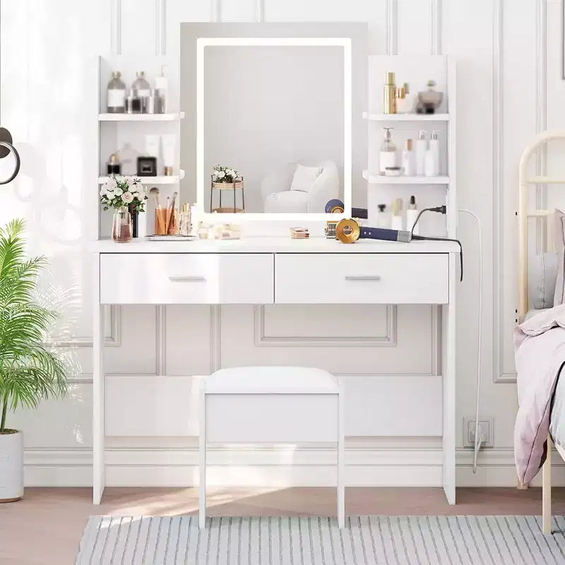 Toeletta con specchio illuminato, sgabello e presa di corrente, 6 ripiani, 2 cassetti, vanità trucco a LED, bianca