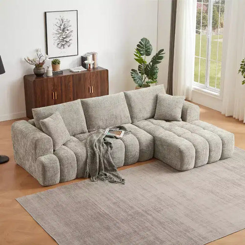 Divano 274 cm in ciniglia con chaise longue, trapuntato, 3 posti