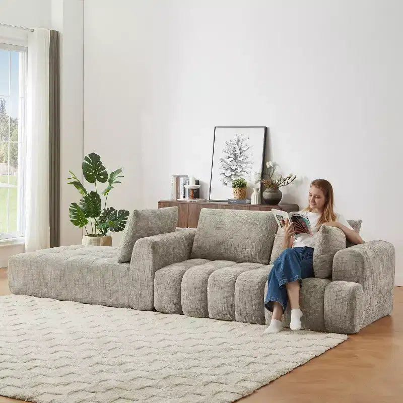 Divano 274 cm in ciniglia con chaise longue, trapuntato, 3 posti