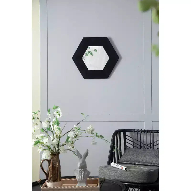 Specchio da parete esagonale nero con cornice in legno, pannello singolo, 47 x 47 cm