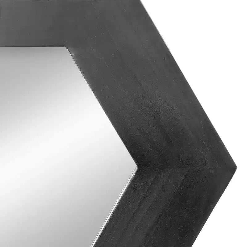 Specchio da parete esagonale nero con cornice in legno, pannello singolo, 47 x 47 cm
