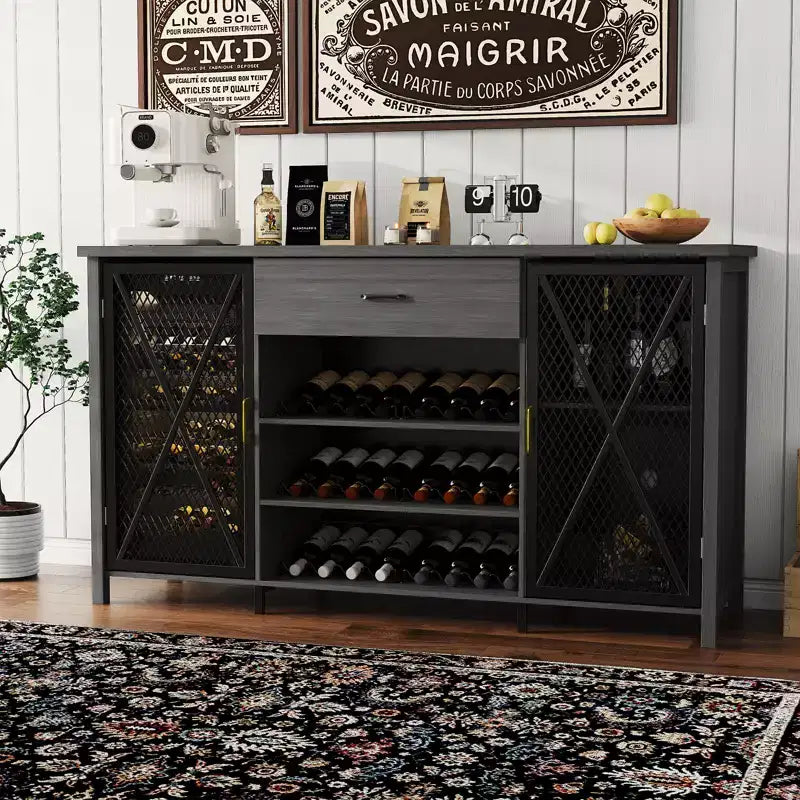 71 Inch Long Coffee Bar Cabinet with Fridge Space, Wood Metal Large Wine Liquor Cabinet with Rack for Dining Room- Black