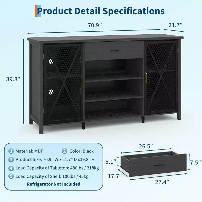 Mobile bar da 71 pollici con spazio per frigo, grande mobiletto portabottiglie in legno e metallo con rastrelliera per sala da pranzo - Nero