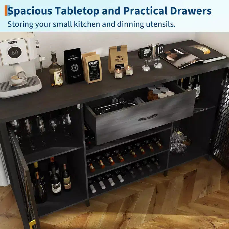 Mobile bar da 71 pollici con spazio per frigo, grande mobiletto portabottiglie in legno e metallo con rastrelliera per sala da pranzo - Nero