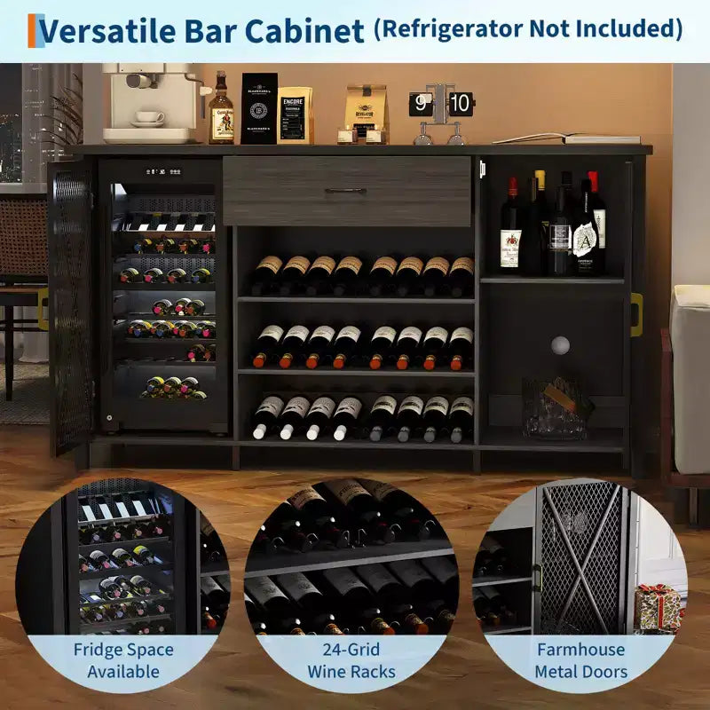 Mobile bar da 71 pollici con spazio per frigo, grande mobiletto portabottiglie in legno e metallo con rastrelliera per sala da pranzo - Nero
