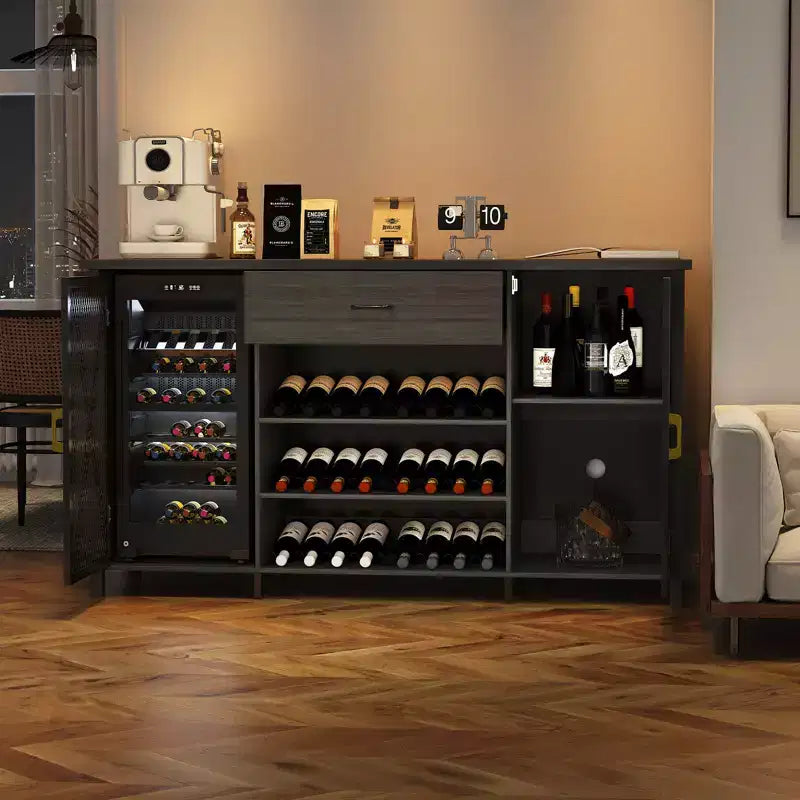 Mobile bar da 71 pollici con spazio per frigo, grande mobiletto portabottiglie in legno e metallo con rastrelliera per sala da pranzo - Nero