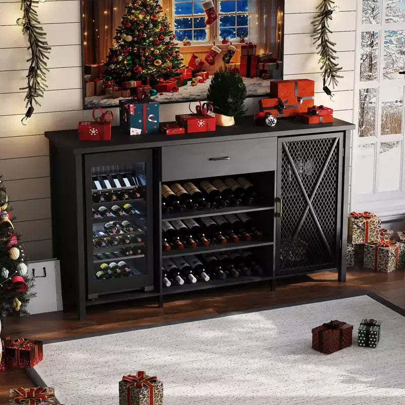 Mobile bar da 71 pollici con spazio per frigo, grande mobiletto portabottiglie in legno e metallo con rastrelliera per sala da pranzo - Nero
