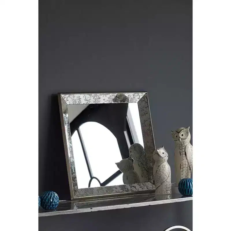 Specchio da parete quadrato color argento 24x24 con cornice floreale, singolo, montaggio a parete