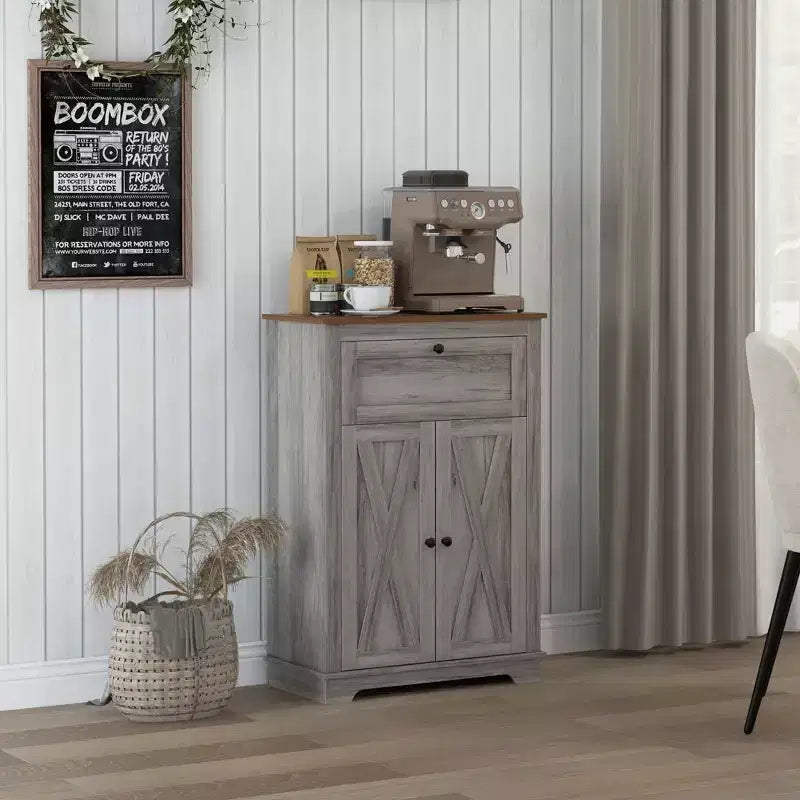Mobile credenza con cassetto, Marrone/Grigio/Bianco/Grigio chiaro, Per 1–2 stanze