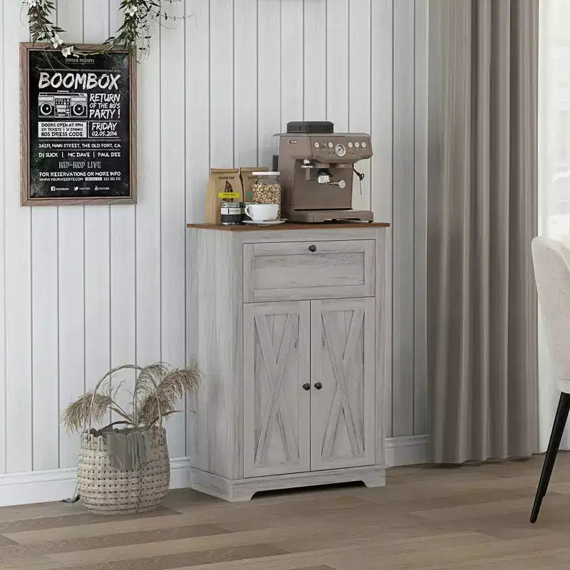 Mobile credenza con cassetto, Marrone/Grigio/Bianco/Grigio chiaro, Per 1–2 stanze