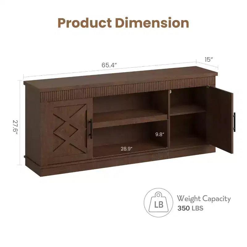 Mobile TV in legno stile rustico con ripiani regolabili, adatto per TV fino a 70"