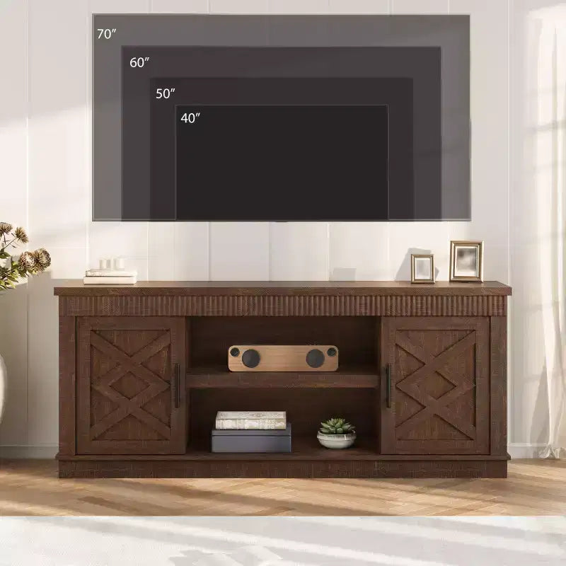Mobile TV in legno stile rustico con ripiani regolabili, adatto per TV fino a 70"