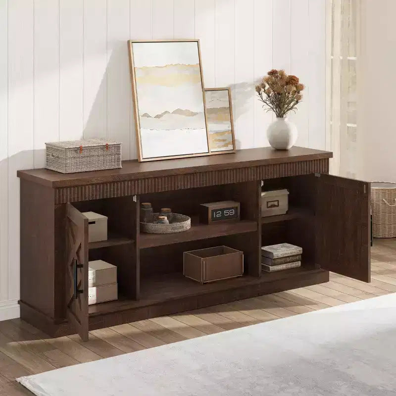Mobile TV in legno stile rustico con ripiani regolabili, adatto per TV fino a 70"