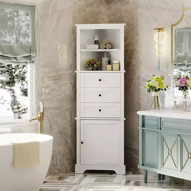 White Triangle Tall Cabinet with 3 Drawers and Adjustable Shelves for Bathroom Kitchen or Living Room