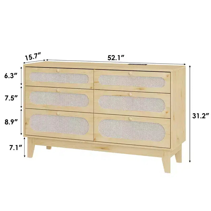 Cassettiera in Rattan con Prese di Corrente per Camera da Letto, Armadio Moderno Naturale con Maniglie e Gambe in Legno, Dotato di Kit Antiribaltamento, Rovere Naturale