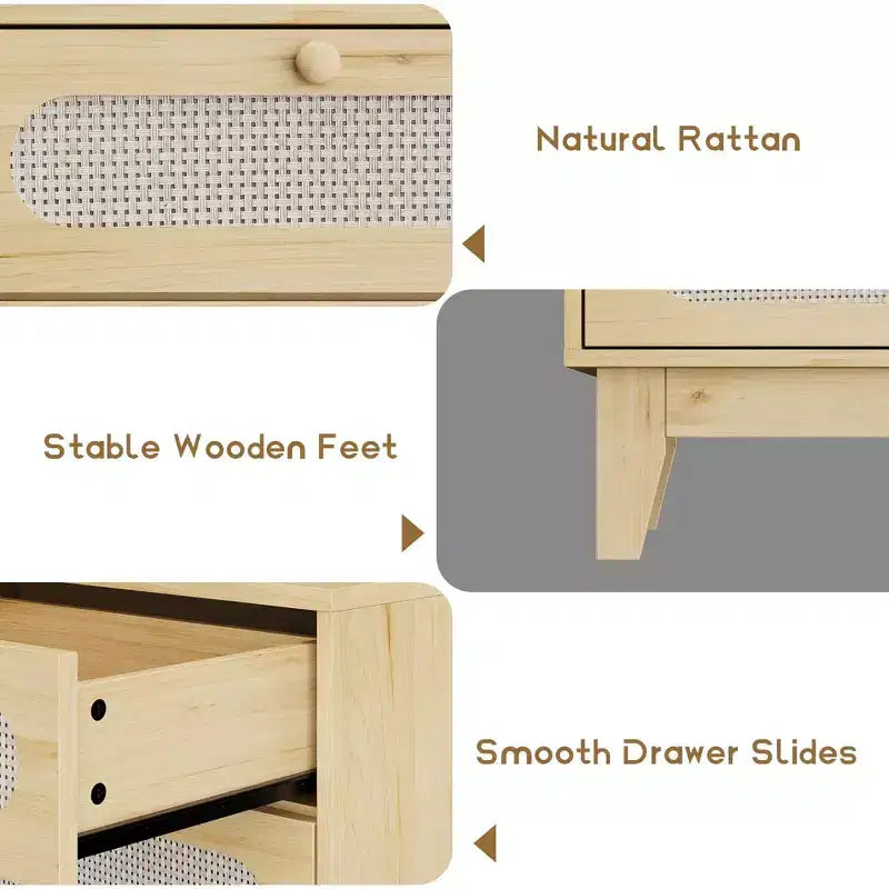 Cassettiera in Rattan con Prese di Corrente per Camera da Letto, Armadio Moderno Naturale con Maniglie e Gambe in Legno, Dotato di Kit Antiribaltamento, Rovere Naturale