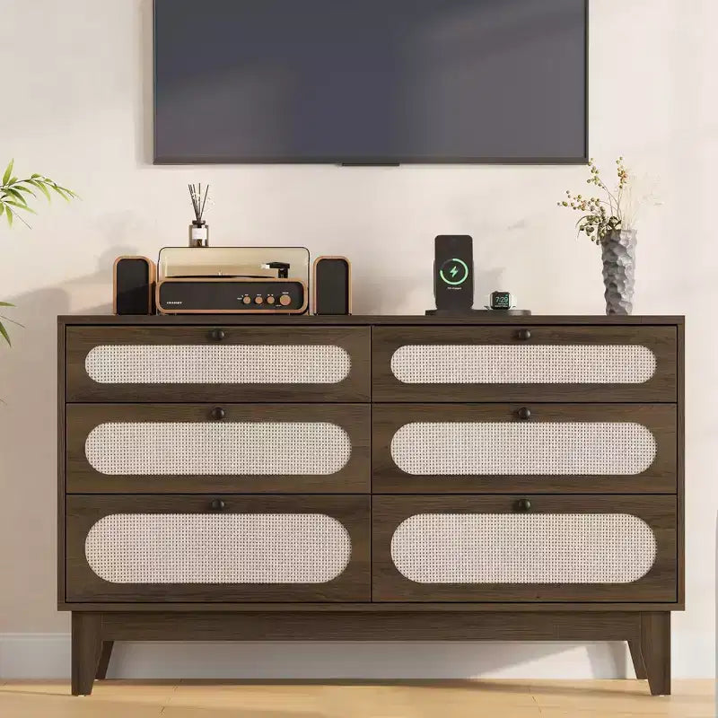 Power Outlet Rattan Dresser for Bedroom,Natural Modern Closet with Wooden Handles and Wooden Legs, Equipped with Anti-Tip Kits,Natural Oak