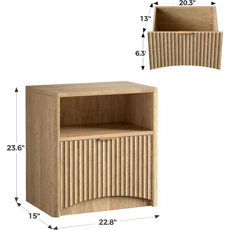 Comodino scanalato, comodino in rovere naturale con cassetto e vano a giorno, comodino moderno largo 58 cm per camera da letto