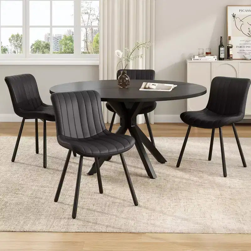 Tavolo da pranzo rotondo di metà secolo per 4-6 persone, gambe incrociate in metallo – Nero / Naturale / Noce