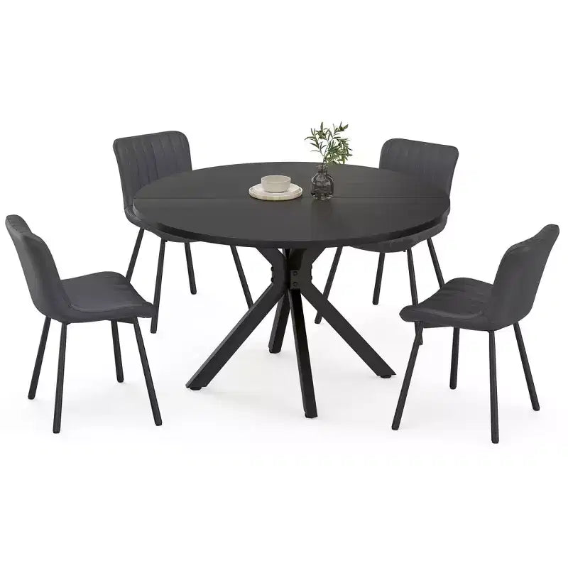 Tavolo da pranzo rotondo di metà secolo per 4-6 persone, gambe incrociate in metallo – Nero / Naturale / Noce