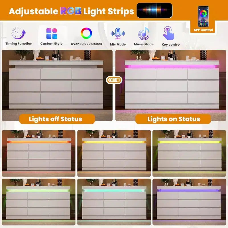 Comò moderno a 9 cassetti da 160 cm con luci a LED e stazione di ricarica – Nero/Bianco, per adulti