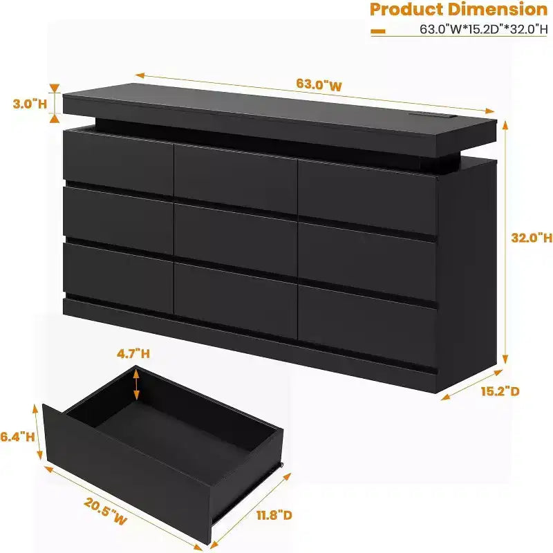 Comò moderno a 9 cassetti da 160 cm con luci a LED e stazione di ricarica – Nero/Bianco, per adulti