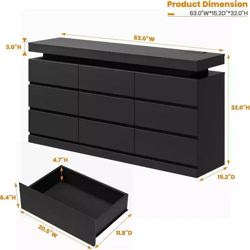 Comò moderno a 9 cassetti da 160 cm con luci a LED e stazione di ricarica – Nero/Bianco, per adulti
