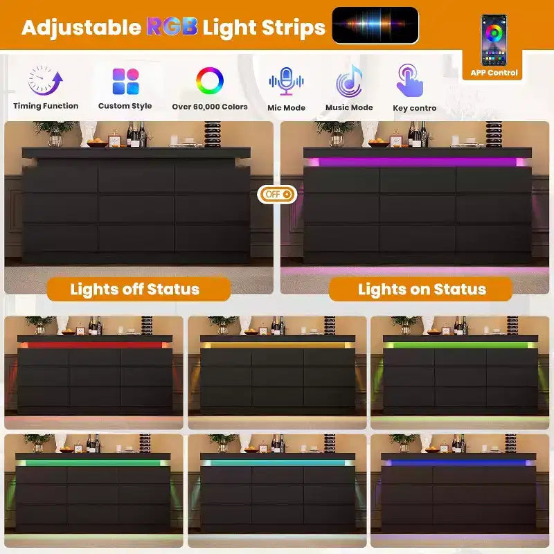 Comò moderno a 9 cassetti da 160 cm con luci a LED e stazione di ricarica – Nero/Bianco, per adulti