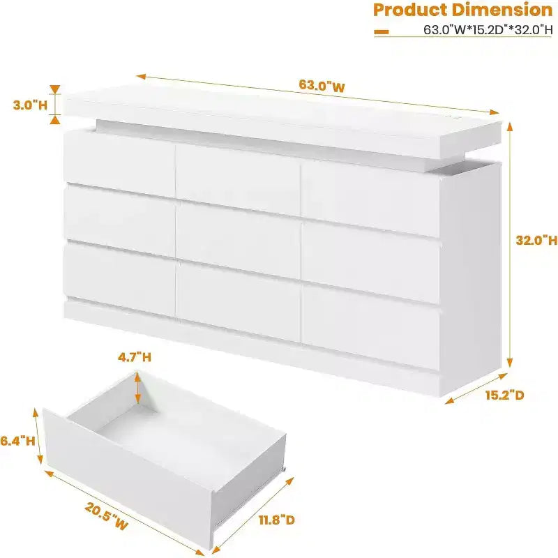 Comò moderno a 9 cassetti da 160 cm con luci a LED e stazione di ricarica – Nero/Bianco, per adulti