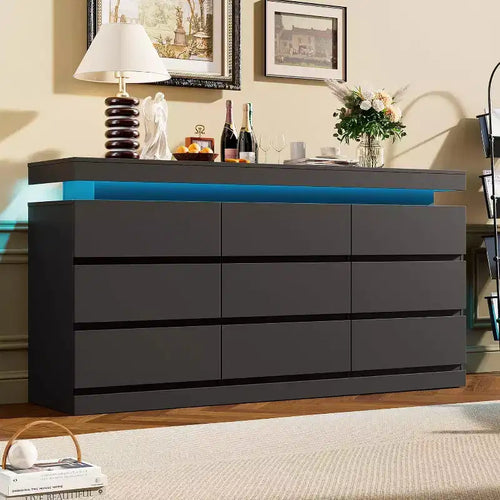 63 Inch TV Stand with LED Lights & Charging Station Smart Modern Dresser, 9-Drawer Storage Cabinet for Bedroom