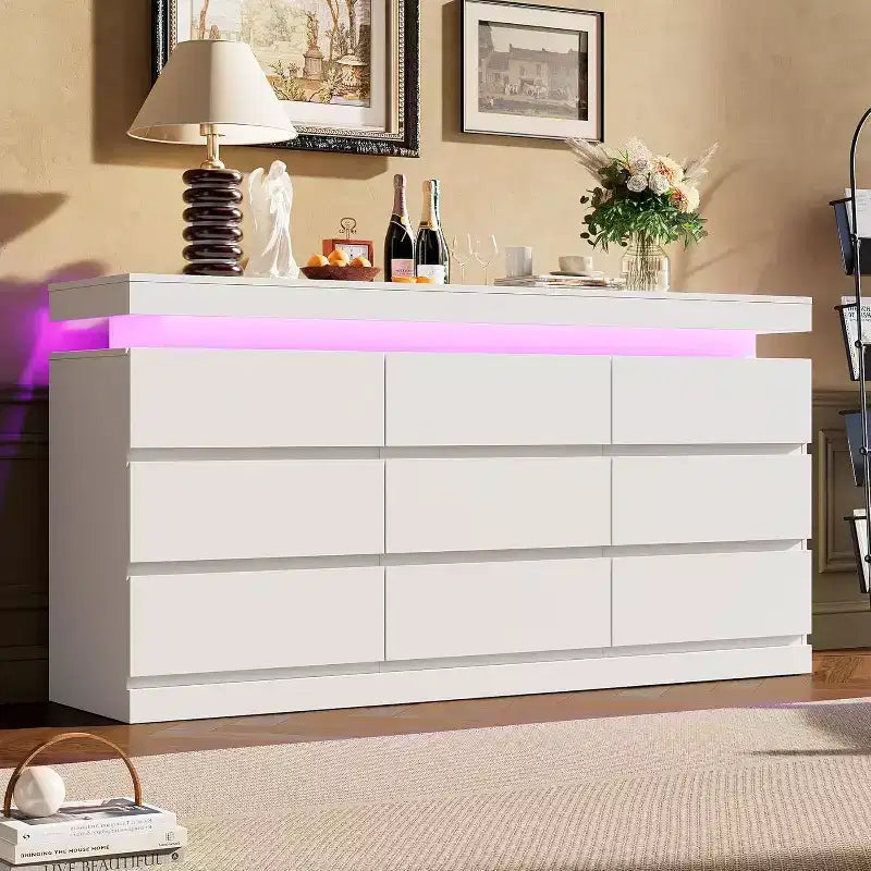 Comò moderno a 9 cassetti da 160 cm con luci a LED e stazione di ricarica – Nero/Bianco, per adulti