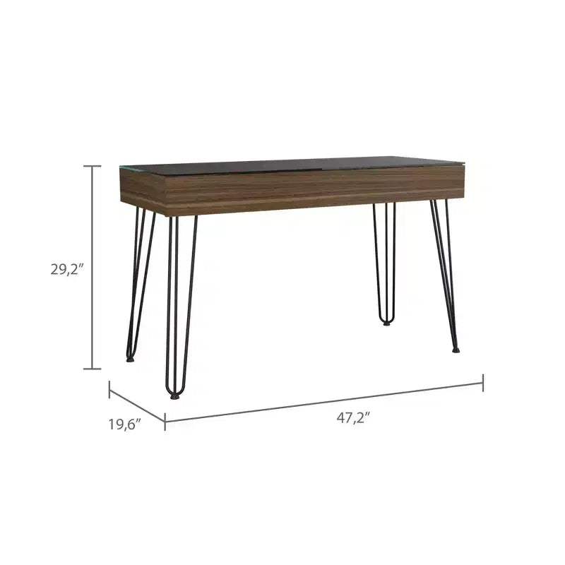 Scrivania industriale con piano in vetro e gambe in metallo