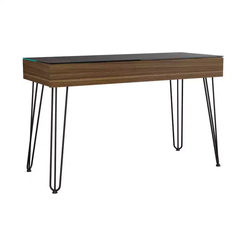 Scrivania industriale con piano in vetro e gambe in metallo