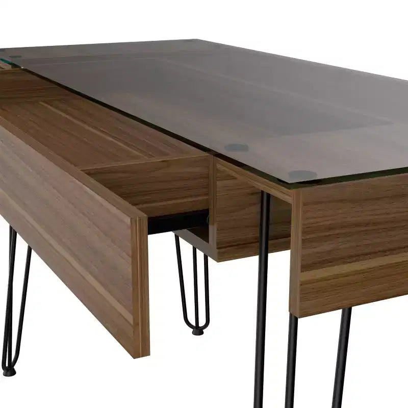 Scrivania industriale con piano in vetro e gambe in metallo