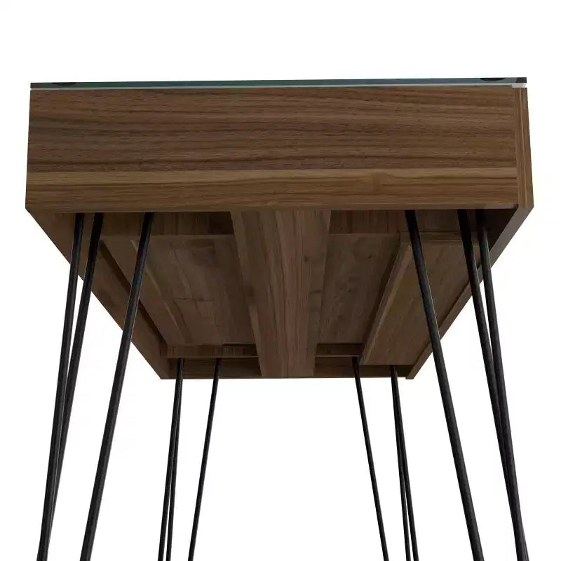 Scrivania industriale con piano in vetro e gambe in metallo