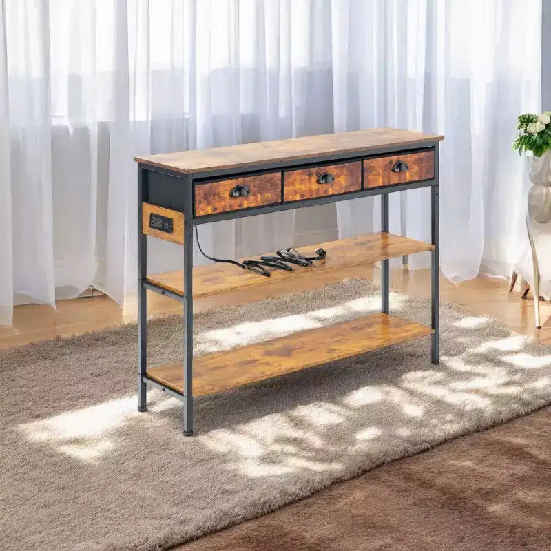 Consolle da 110 cm con prese di corrente e porte USB, Tavolo stretto da ingresso a 3 livelli con 3 cassetti in tessuto, Marrone/Nero