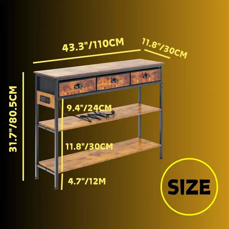 Consolle da 110 cm con prese di corrente e porte USB, Tavolo stretto da ingresso a 3 livelli con 3 cassetti in tessuto, Marrone/Nero