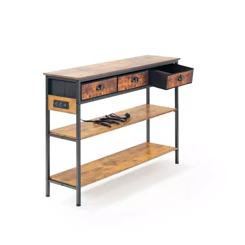 Consolle da 110 cm con prese di corrente e porte USB, Tavolo stretto da ingresso a 3 livelli con 3 cassetti in tessuto, Marrone/Nero