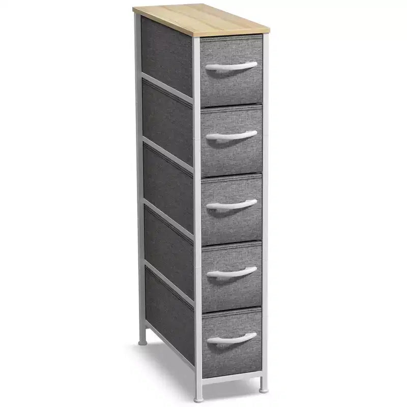 Cassettiera Stretta a 5 Cassetti con Telaio in Acciaio, Piano in Legno e Cesti in Tessuto – Vari Colori