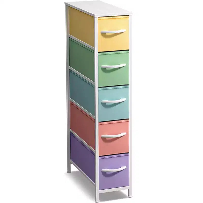 Cassettiera Stretta a 5 Cassetti con Telaio in Acciaio, Piano in Legno e Cesti in Tessuto – Vari Colori
