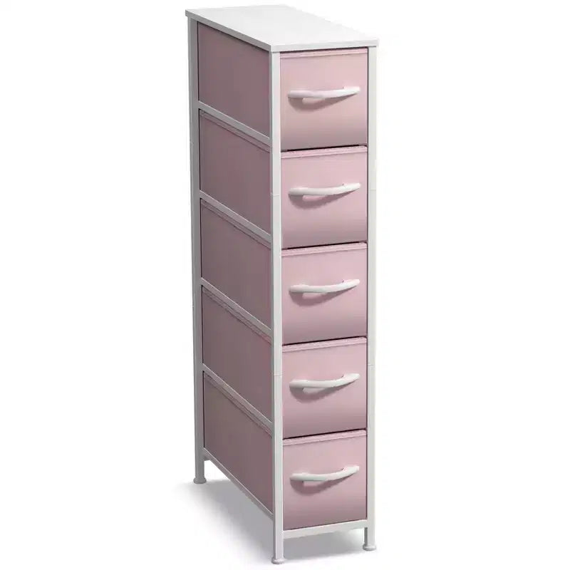 Cassettiera Stretta a 5 Cassetti con Telaio in Acciaio, Piano in Legno e Cesti in Tessuto – Vari Colori