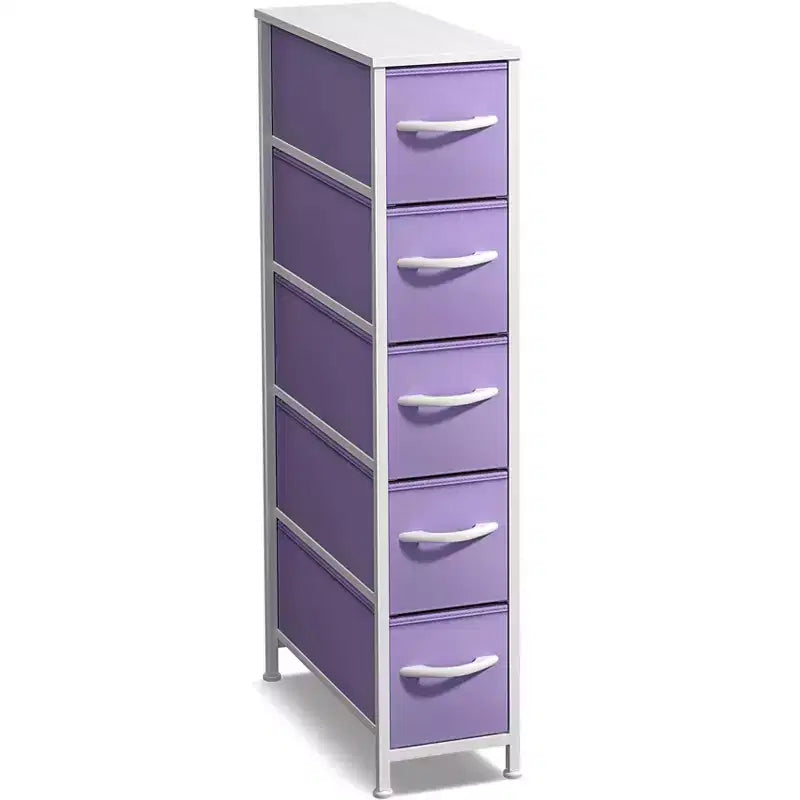 Cassettiera Stretta a 5 Cassetti con Telaio in Acciaio, Piano in Legno e Cesti in Tessuto – Vari Colori